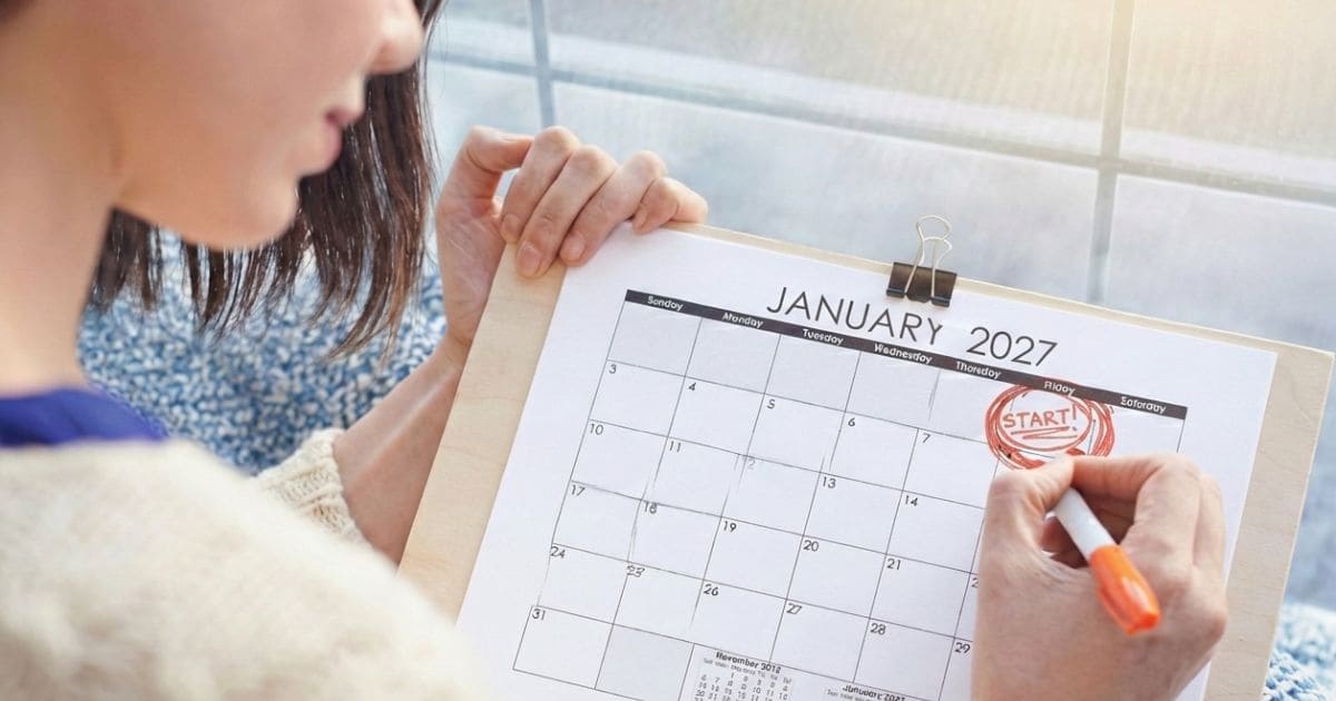 カレンダーを見つめて悩む女性と、明るい2月のイメージ図