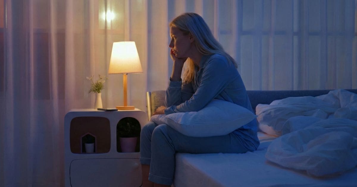 暗い部屋で眠れない悩み顔の人物