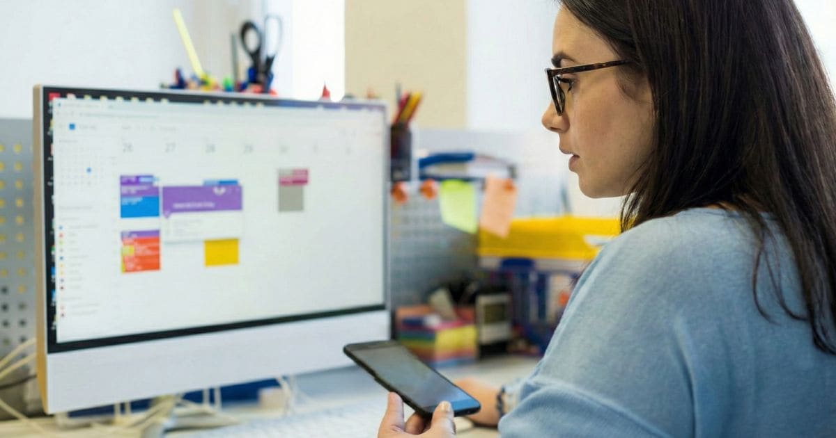 整理整頓されたデスクと整理されたPC画面で働く女性