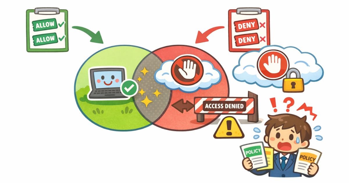Allowを足せば通るという誤解が実際はAllowからDenyを引く構造で評価され想定外の拒否が起きる 