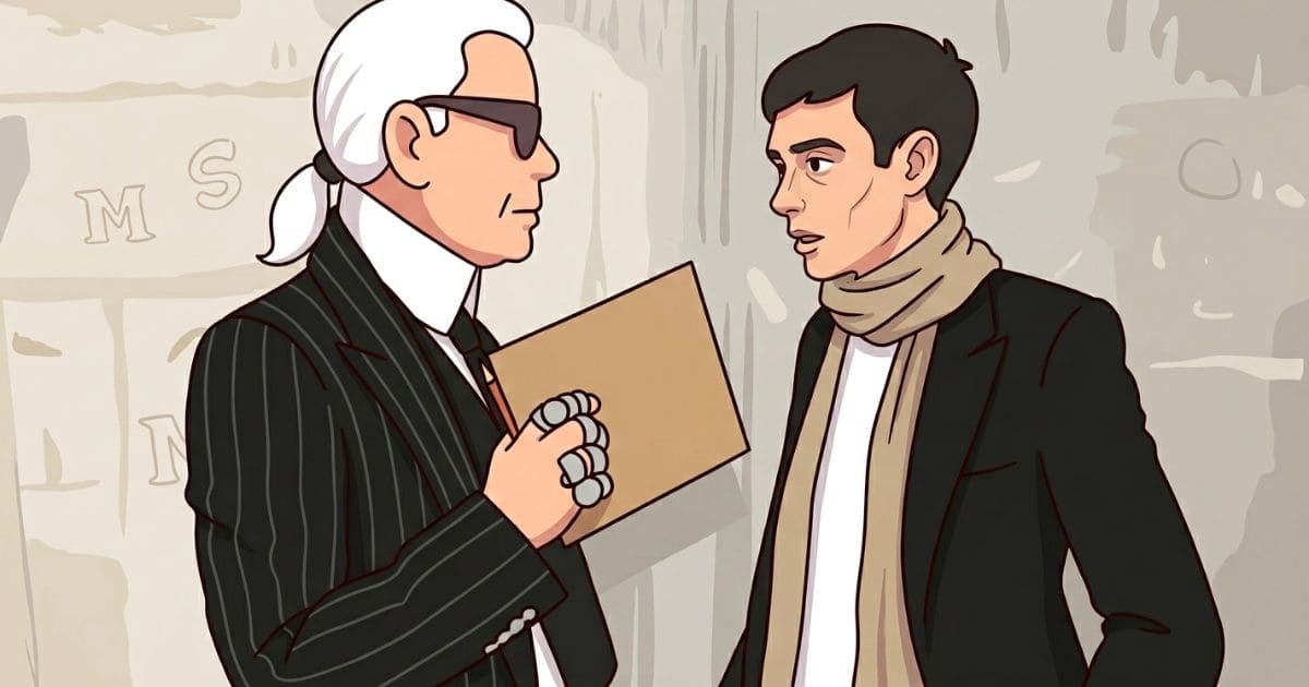 黒い服を着てインタビューに答えるファッションデザイナーの様子