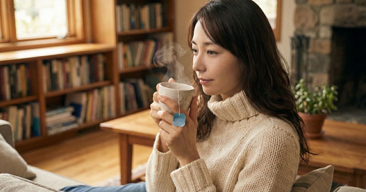 温かいマグカップを持ちリラックスしている女性