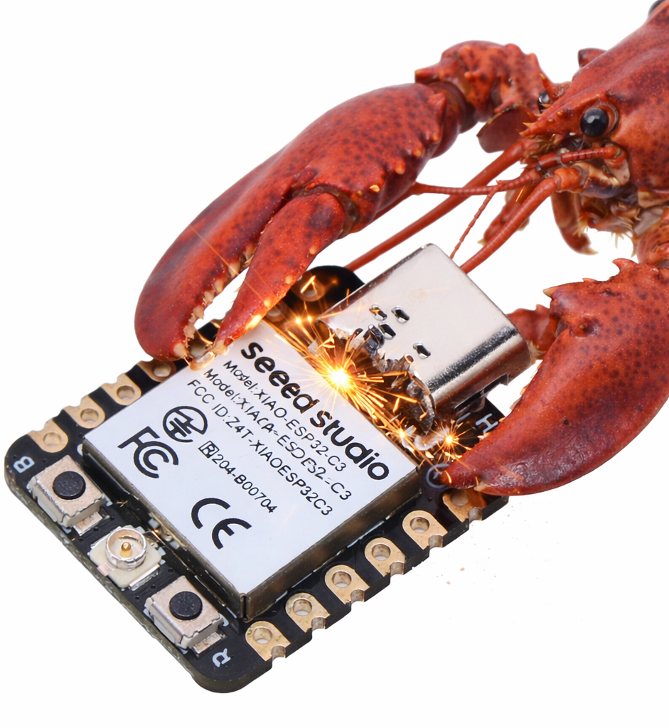 Lobster soldering a Seeed Studio XIAO ESP32-C3