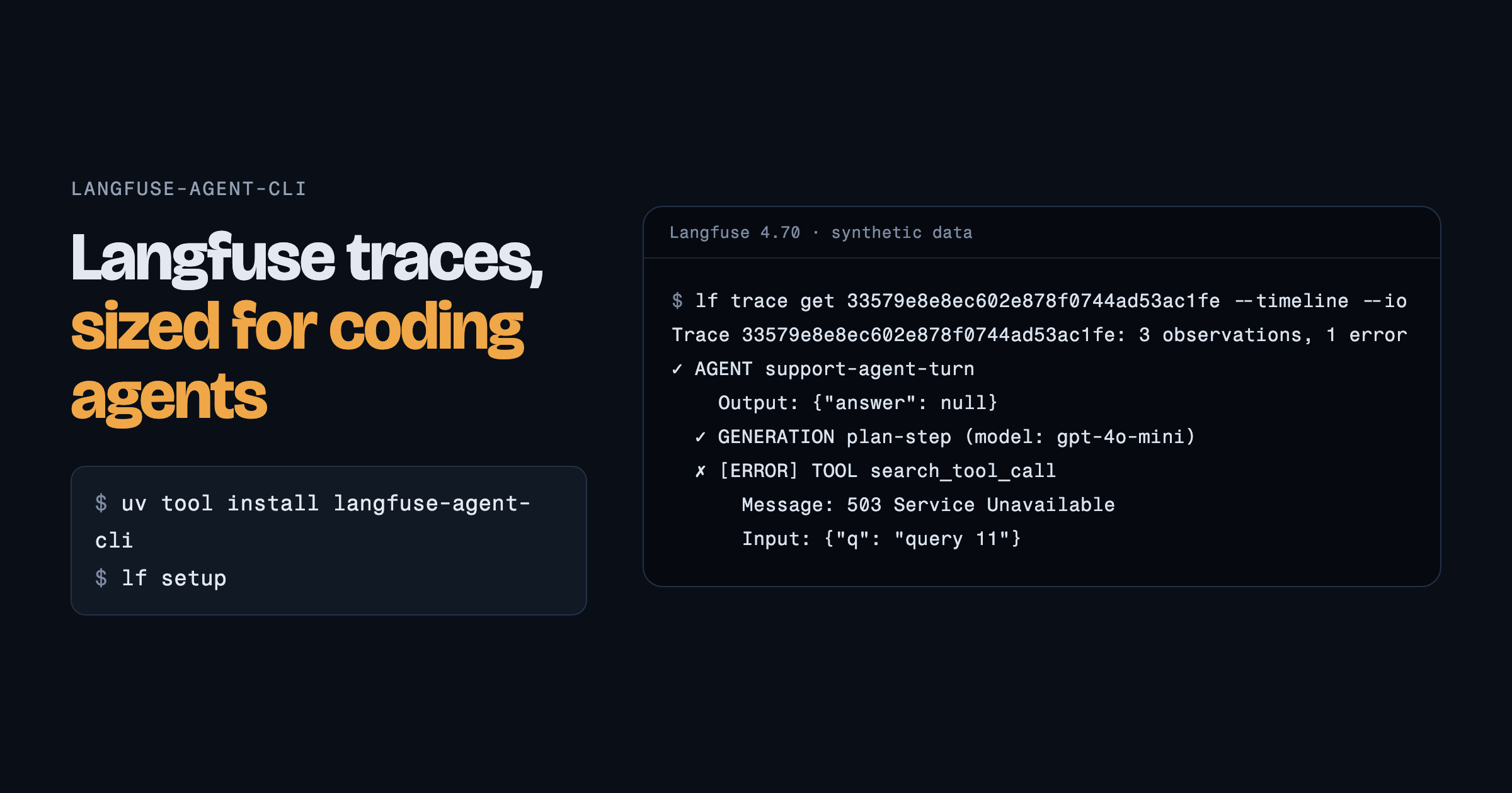 lf trace get --timeline --io marks the failing tool call with its error message and its input