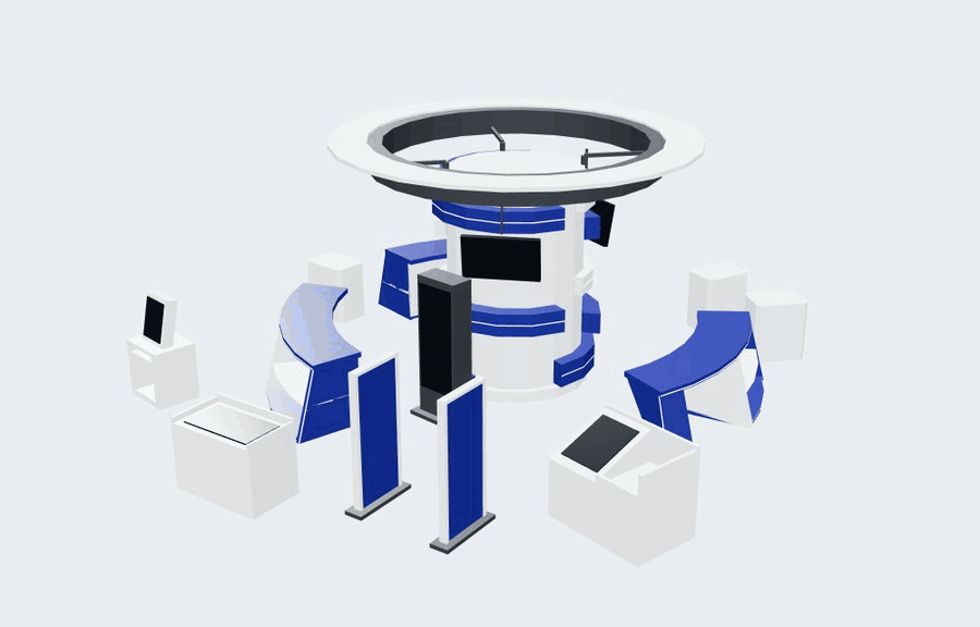 A real browser recording of the user-provided central exhibition space model rotating