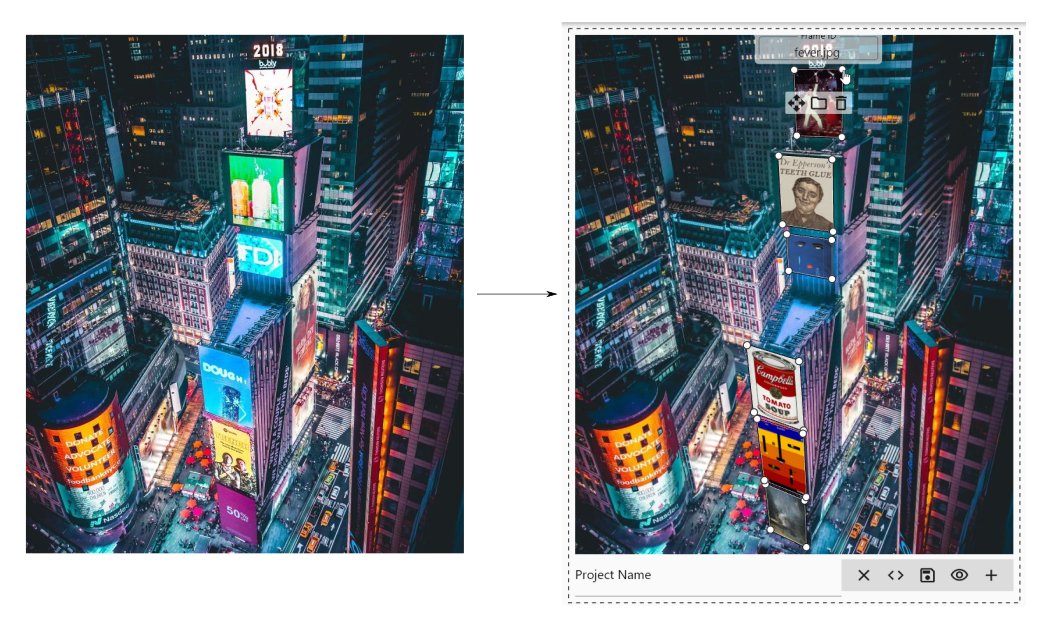 A picture of Times Square on the left; the same picture with the billboards covered by a variety of other images on the right.