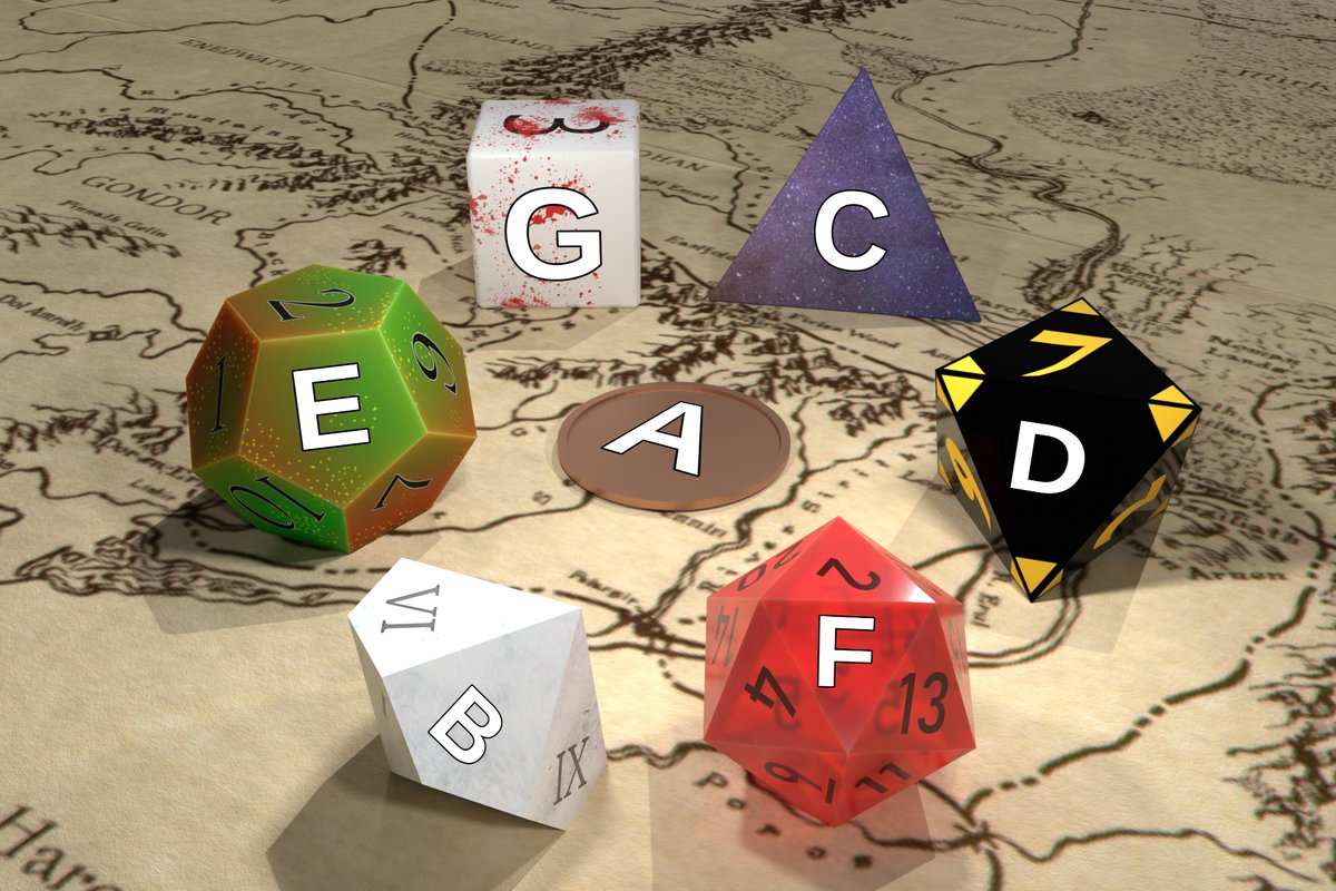 A 3D rendered picture of some dice with letters on the sides facing the camera