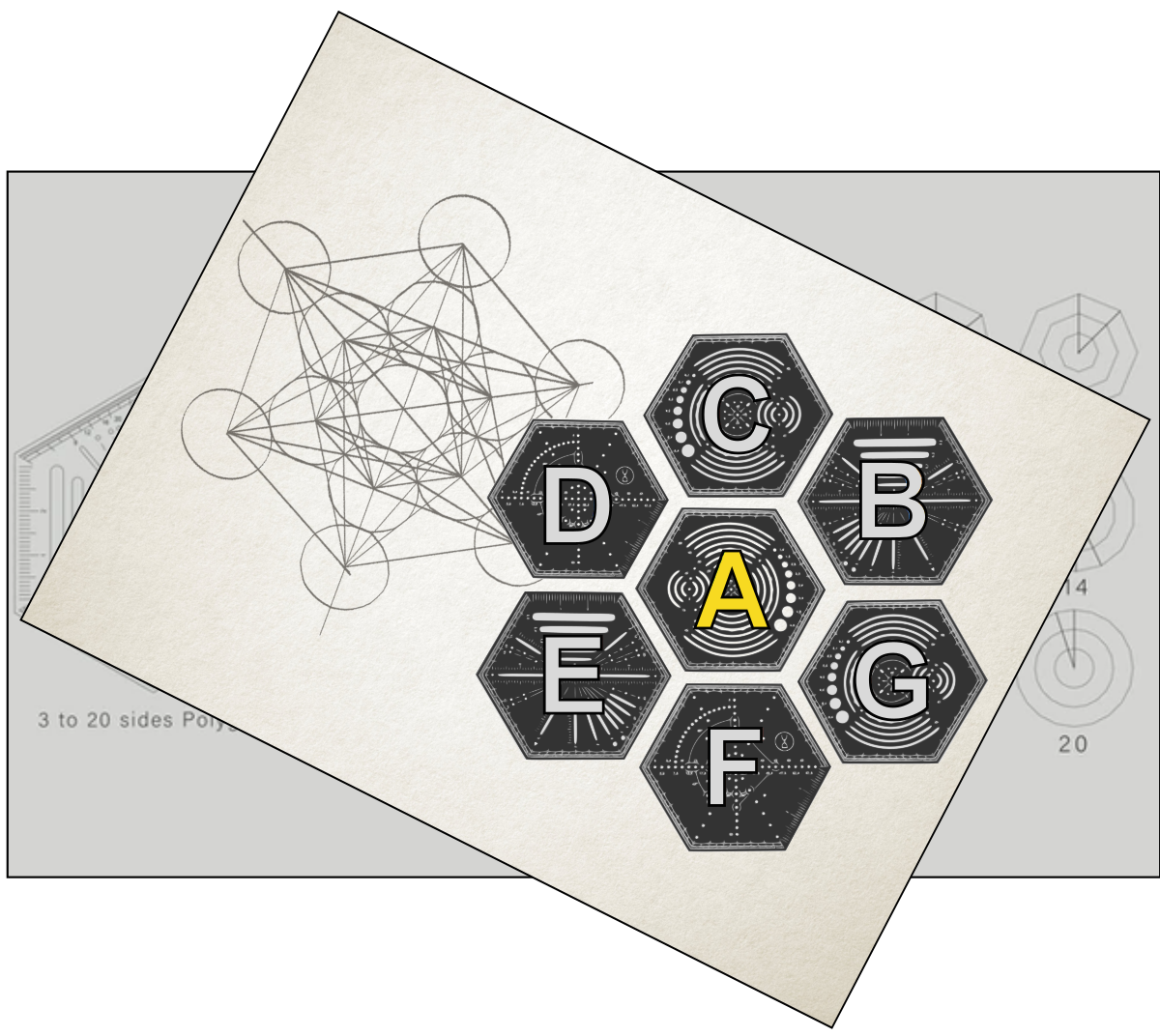 Example puzzle graphic with a hexagon rulers motif