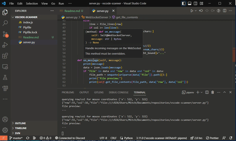 Image showing a cursor hovering over code, with an excerpt of the code under the cursor being regularly printed out to a console below