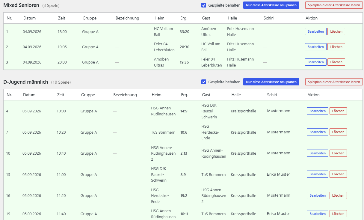 Spielplan im Backend