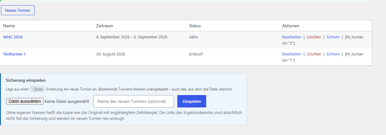 Turnierliste und Sicherung