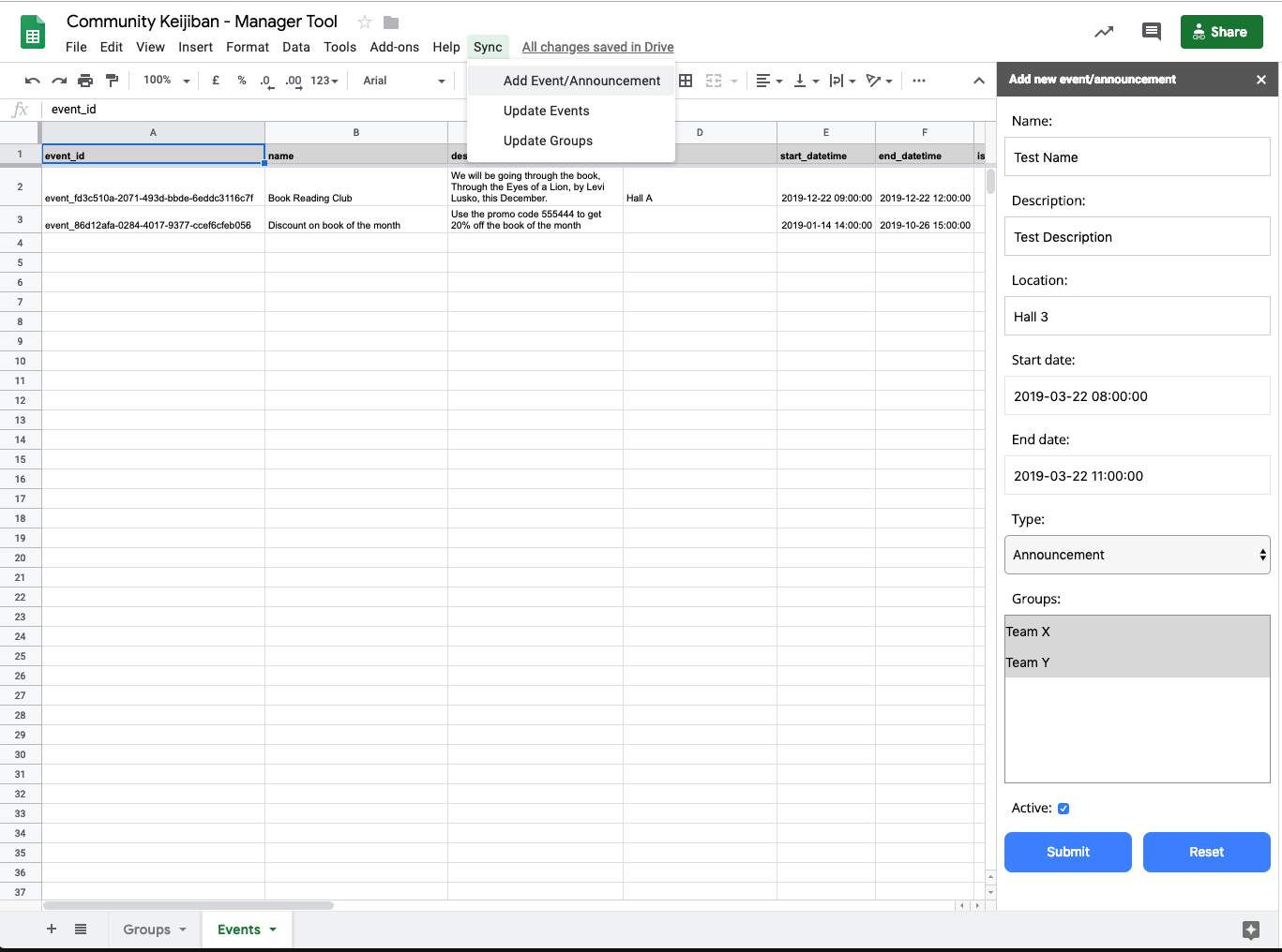 Google Sheets Events