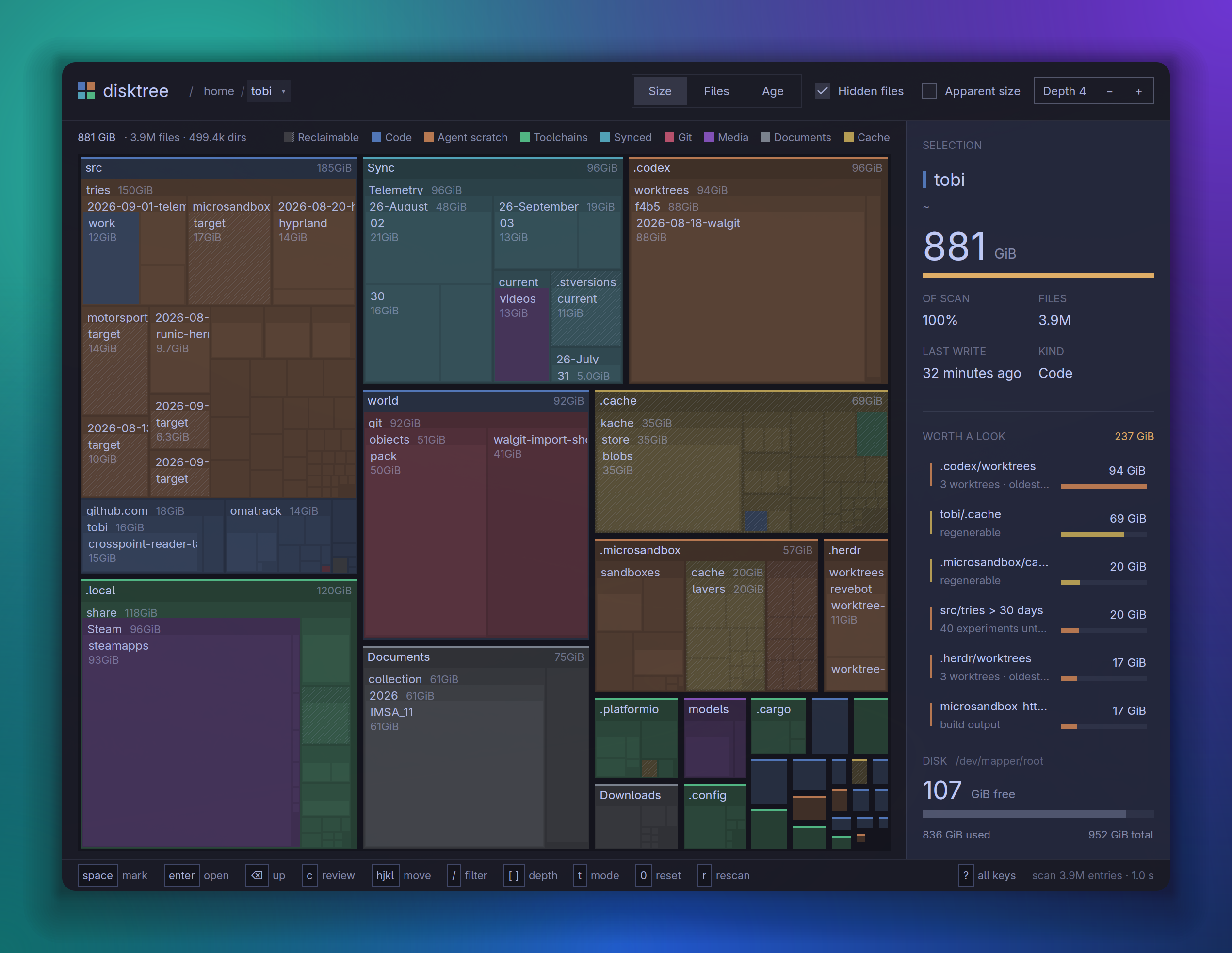 disktree: a home directory as a treemap, coloured by kind of data, with reclaimable space hatched and the selection, findings and free space in the side panel