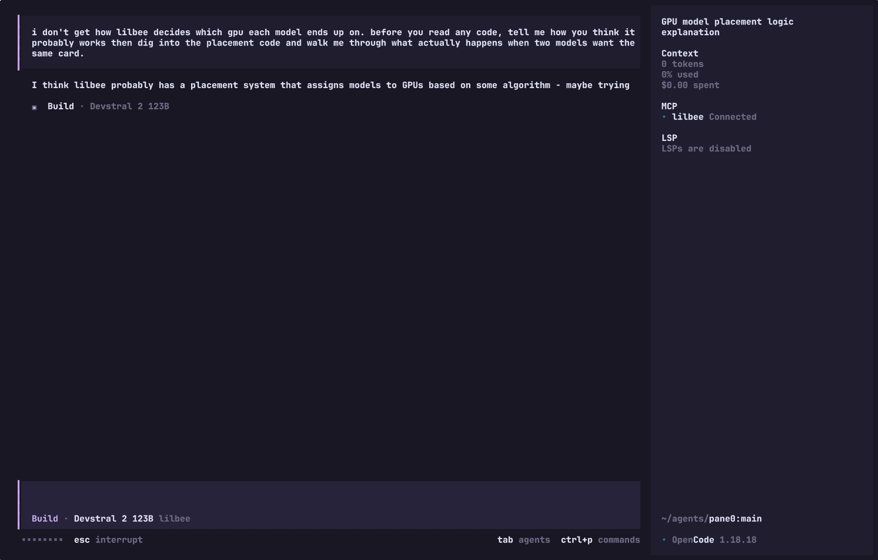 one agent on Devstral 2 123B, walking through lilbee's GPU placement code