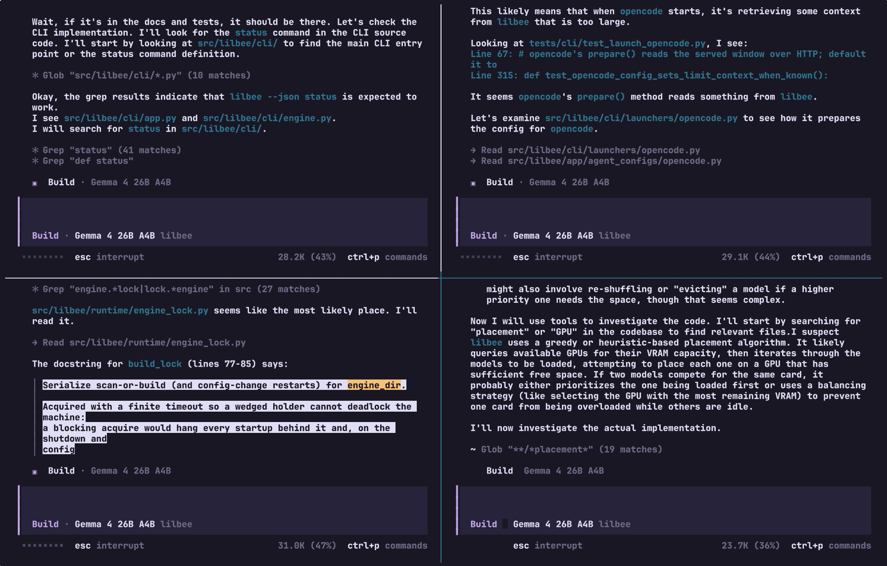 four agents on Gemma 4 26B, its reasoning streamed as visible text