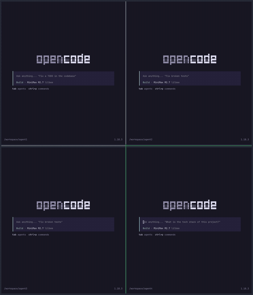 four agents at once on MiniMax M2.7, writing Python functions through lilbee