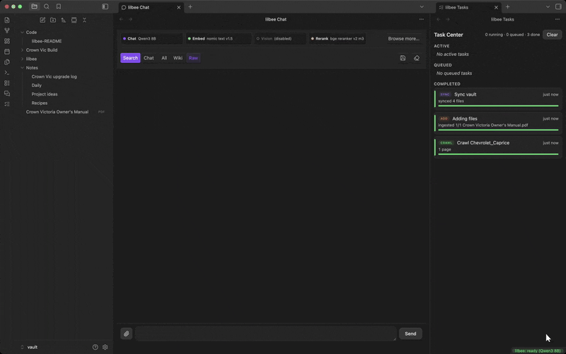 browse the model catalog inside Obsidian: Chat, Embed, Vision, Rerank tabs, search Hugging Face Hub