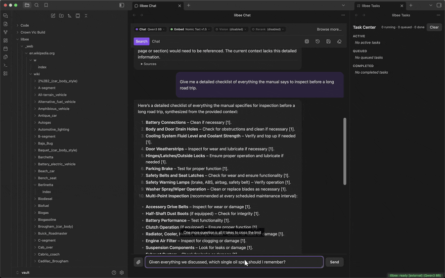 resume a long conversation, ask one more question, watch lilbee condense the older messages into a summary, and get an answer that still cites the manual