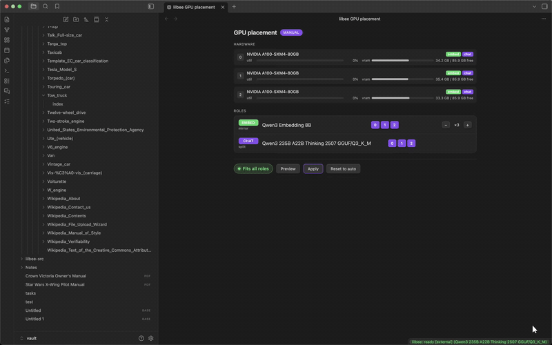 right-click a source folder into lilbee on a three-A100 box: every file embeds across all three GPUs with the placement view live, then a 235B model answers grounded and cited