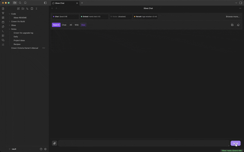 the model rail's four roles, chat, embedding, vision, and reranking, each with a tooltip, plus the Search and Chat mode toggle