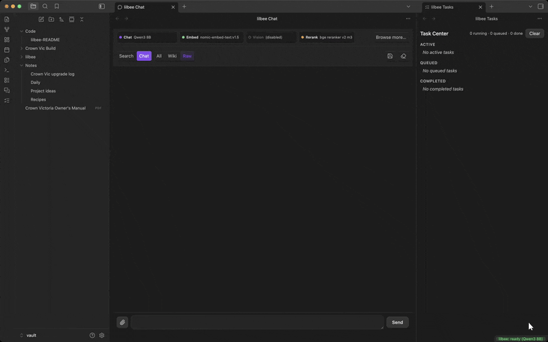 point lilbee at a running Ollama server and pick its models for both embedding and chat from the Hosted tab, then add a PDF and get a cited answer served by Ollama