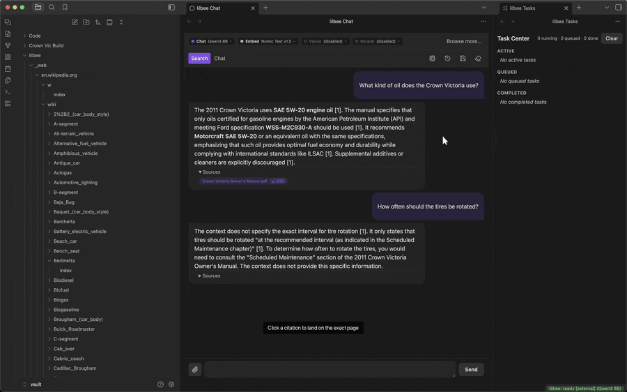 asking a cited question, opening the citation to the manual, listing saved chats from the history button, starting a new chat, then reopening the first one