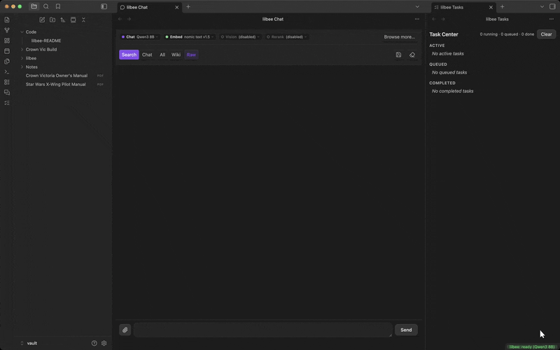 a sweep through the lilbee surfaces inside Obsidian: model catalog, settings, command palette