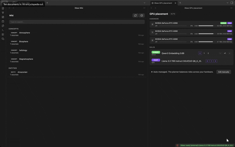 browse an auto-generated wiki as ordinary vault notes, follow a link between pages, then ask for a subject it has not written and watch a 70B model write and cite that page live