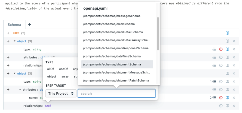 Studio's graphical JSON schema editor allows you to quickly find models to reference