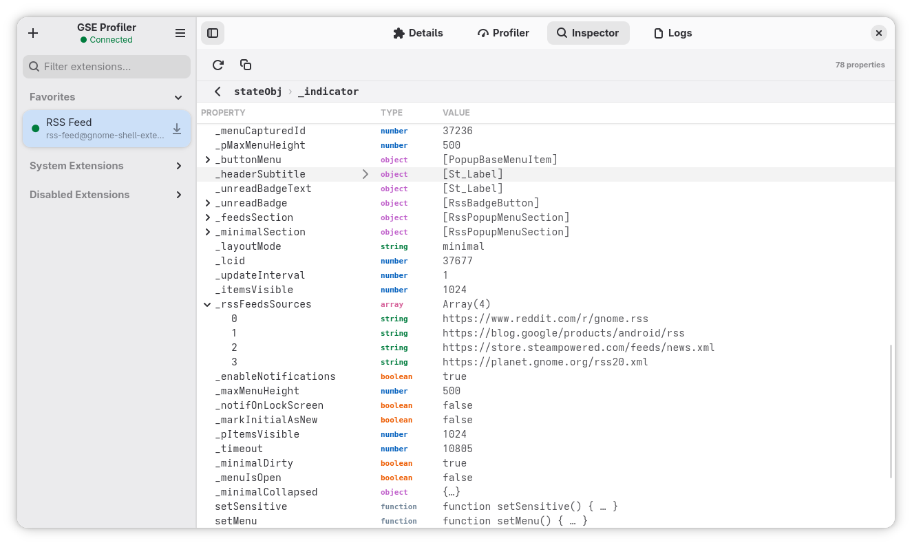 The Inspector view showing 78 properties of a live extension state object, with types and current values.