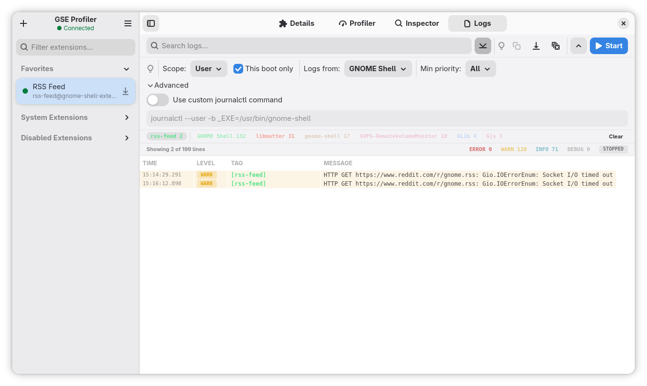 The Logs view streaming the systemd journal, with 199 lines shown and counts for errors, warnings, info, and debug.