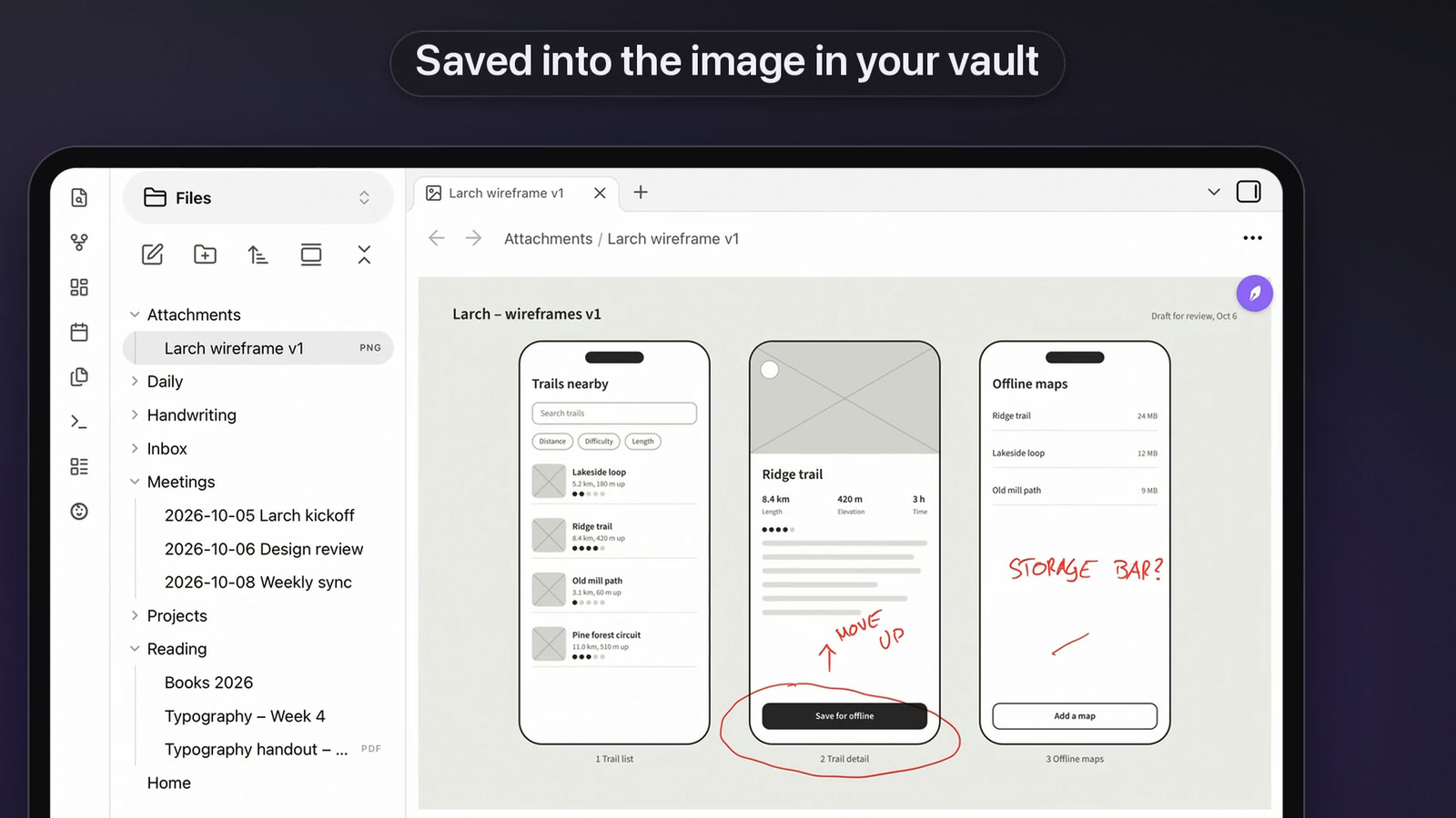 An annotated wireframe image in Obsidian, with red circles and notes written in Inkidian