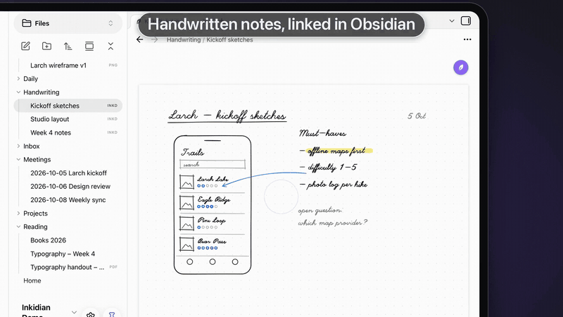 A handwritten note open in Obsidian; one tap opens it in Inkidian, Apple Pencil adds a line, and back in Obsidian the note is already updated