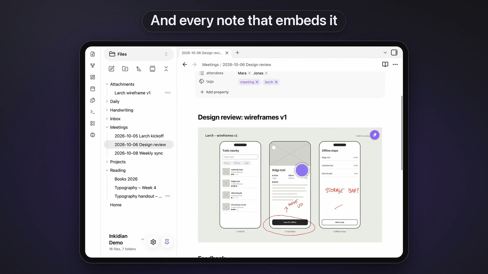 A meeting note in Obsidian that embeds the annotated wireframe