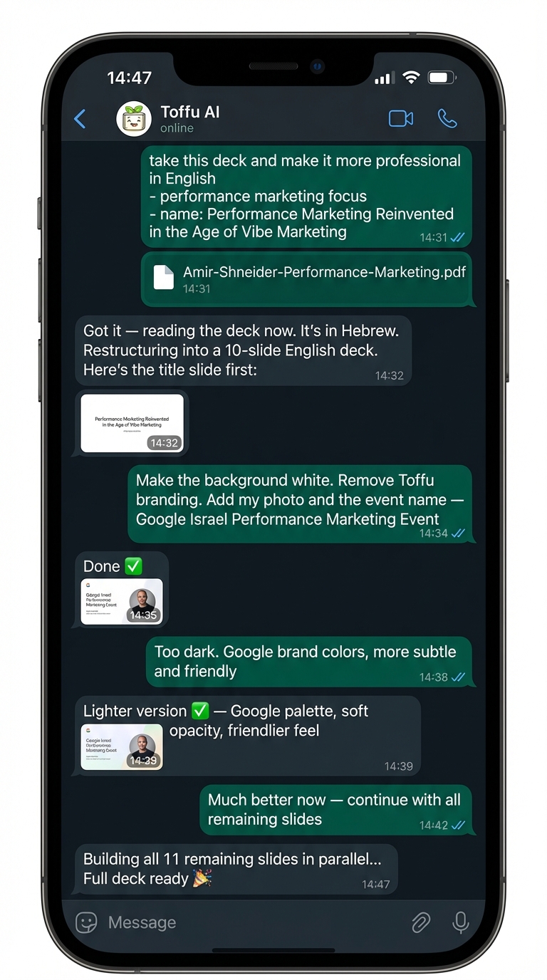 The full WhatsApp conversation — from Hebrew PDF to finished 13-slide deck
