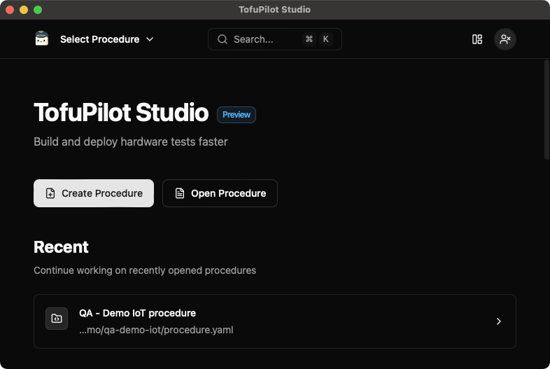 TofuPilot Studio Home