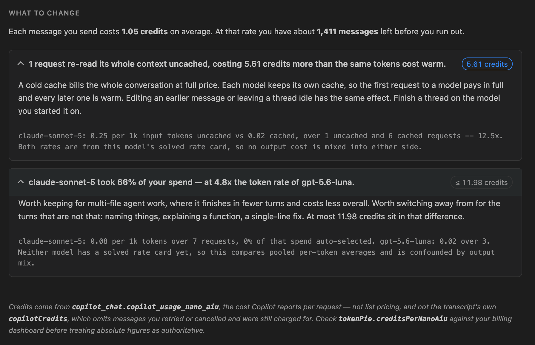 Recommendations, each with the measurement behind it and the credits at stake