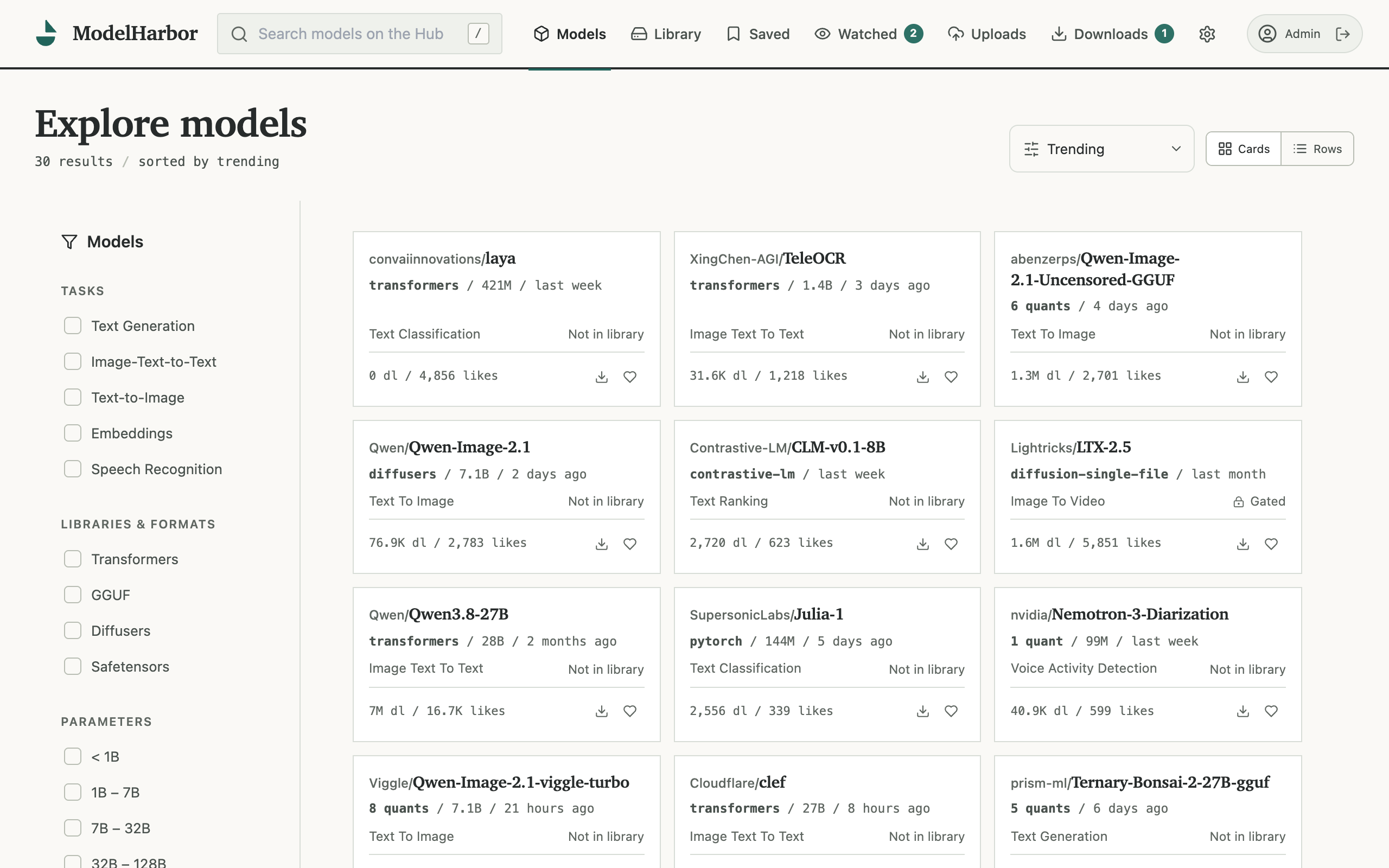 ModelHarbor model catalog with live model cards, filters, search, and download actions