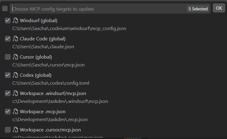 Install MCP config picker listing Windsurf, Claude Code, Cursor, Codex, and workspace-scoped configs