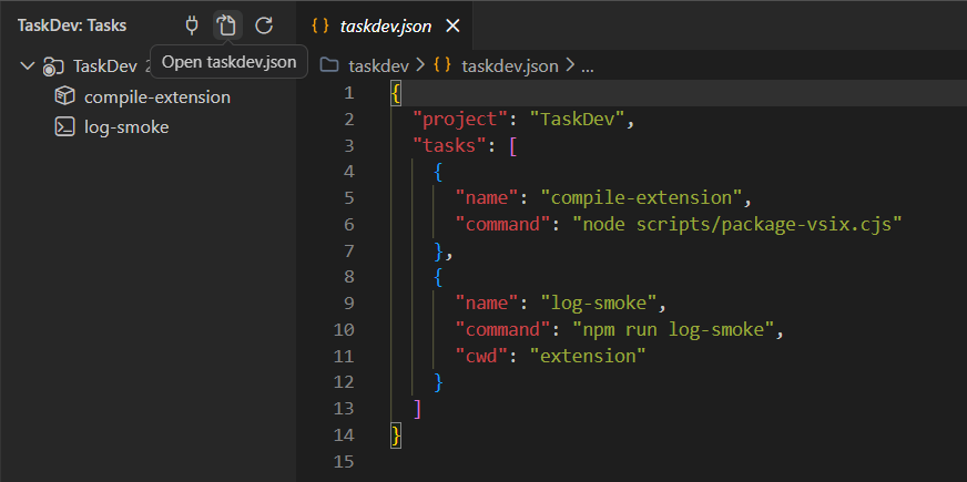TaskDev sidebar showing a project with tasks