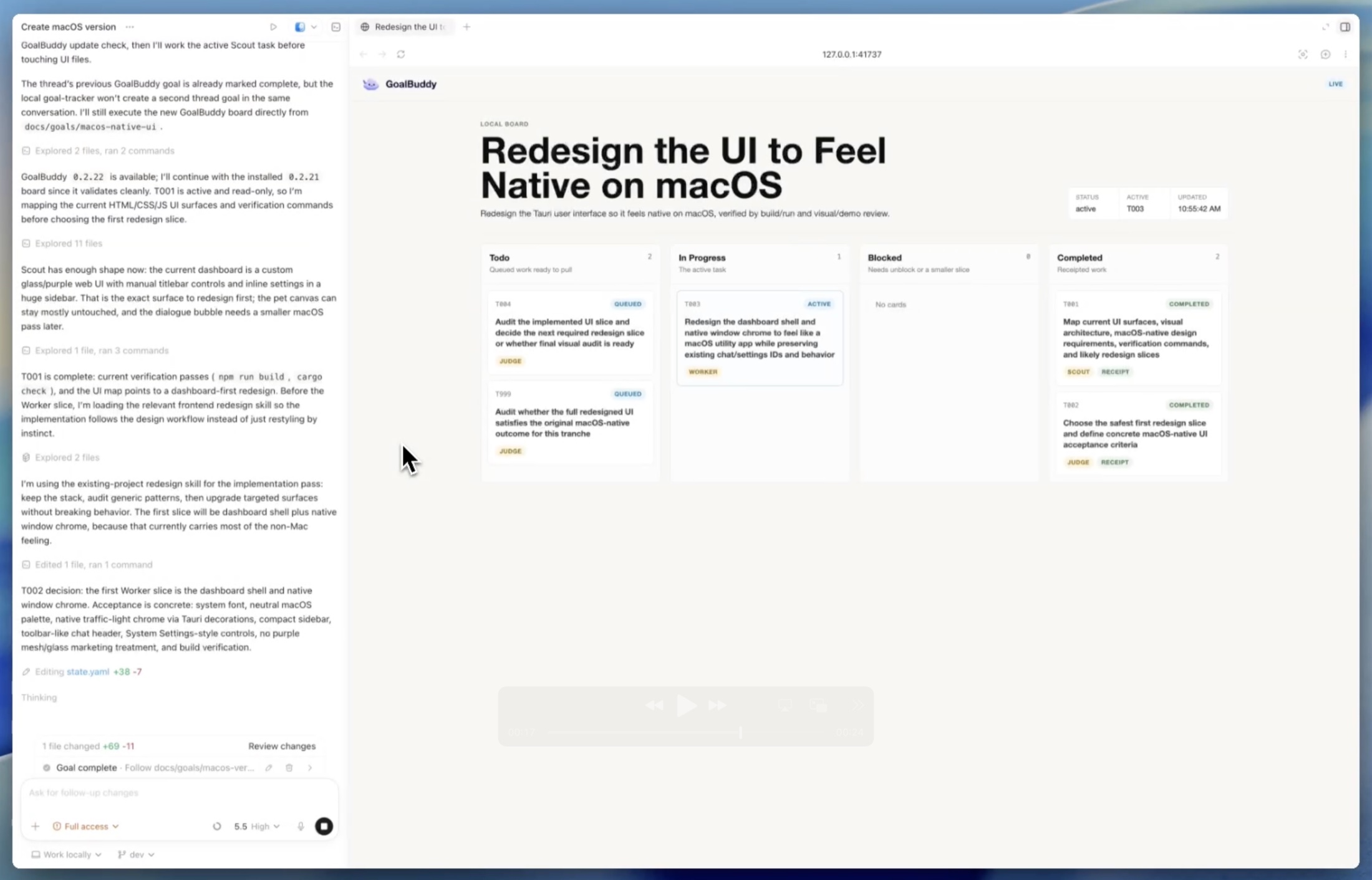 GoalBuddy local live board open next to Codex while Scout, Judge, and Worker tasks populate.