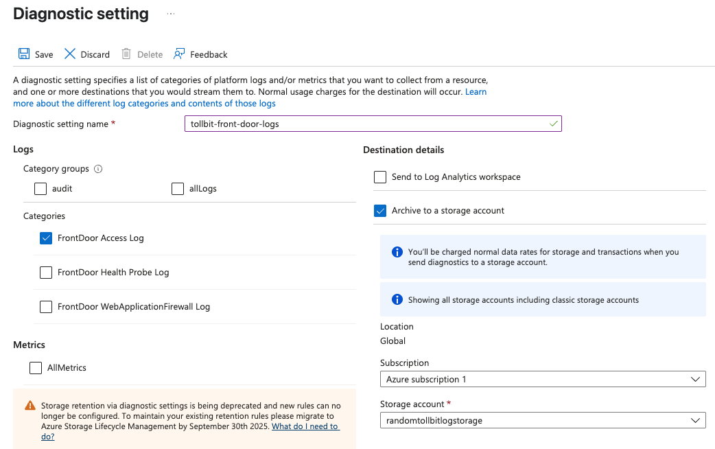 Azure Front Door Log Settings