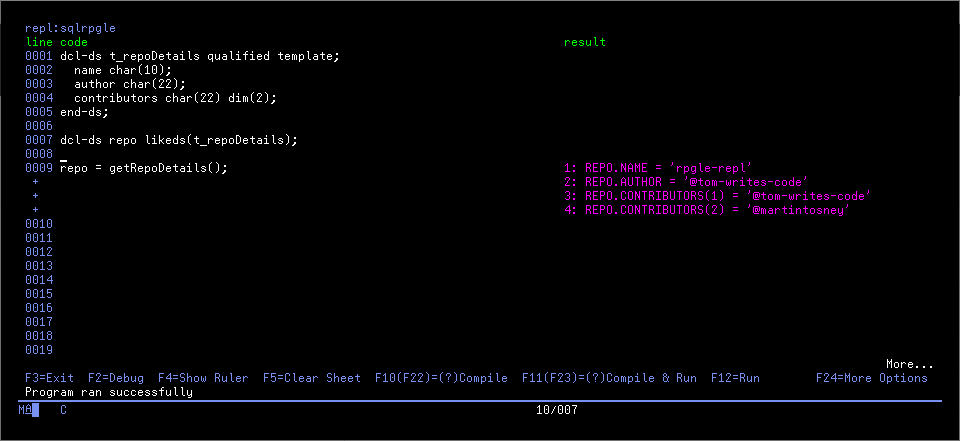 Example of REPL showing results detailing the repo details