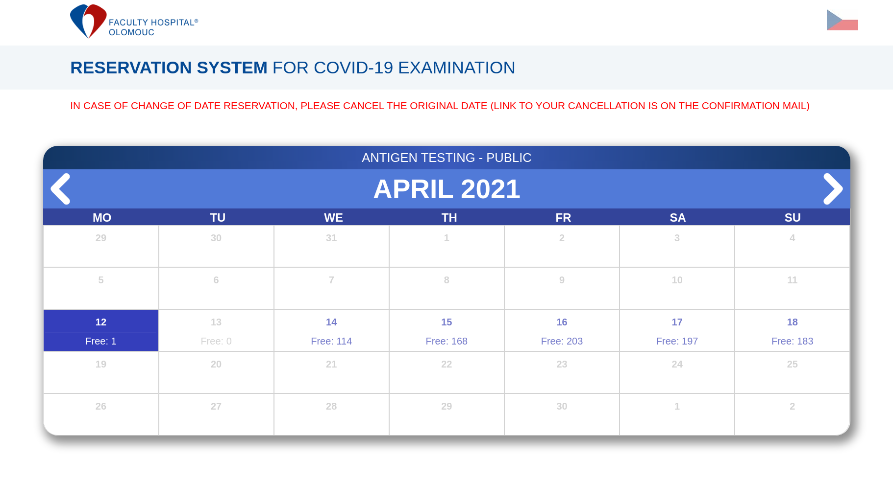 FNOL reservation system, src: https://rezervacecovid.fnol.cz/Pages/Calendar2.aspx?calendarType=Public