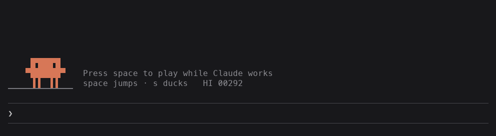 Clawd jumping cacti and ducking a bird above the Claude Code prompt, until the corner flips to "Claude is done"