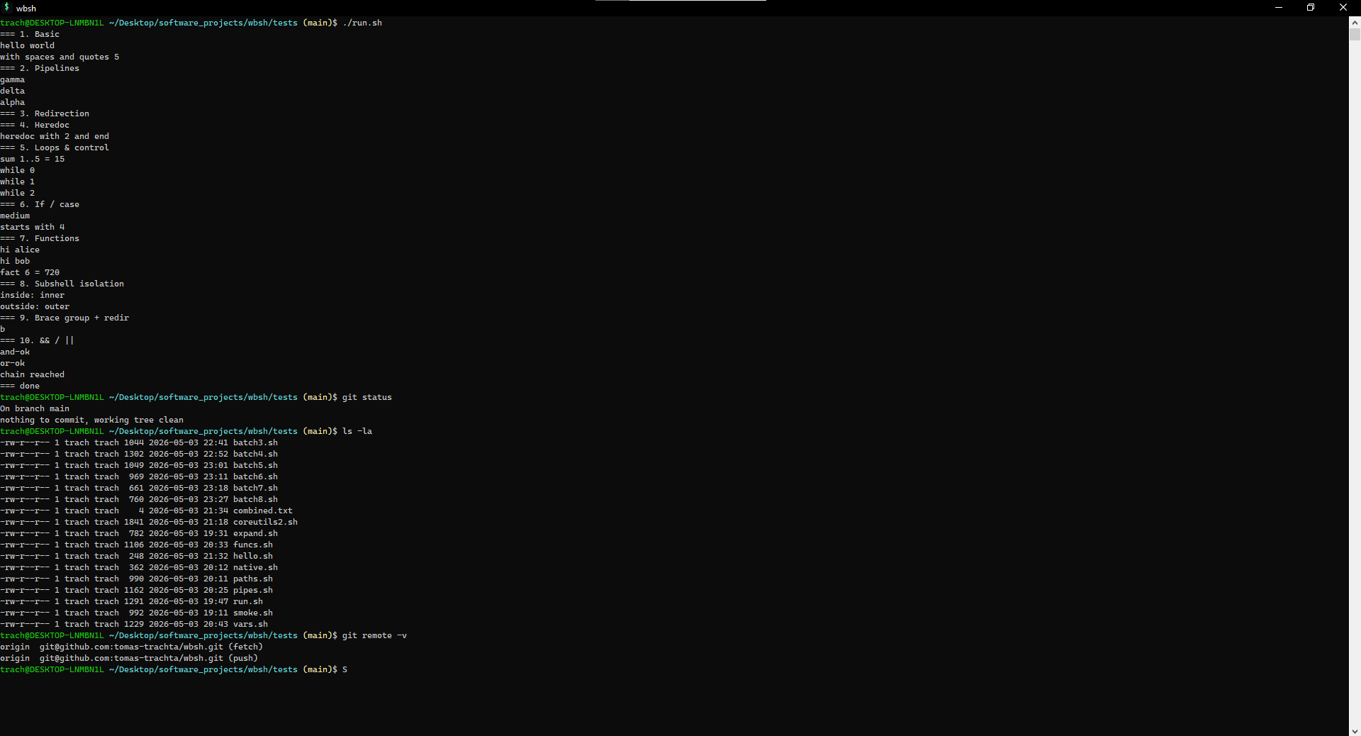 wbsh running the test suite in Windows Terminal