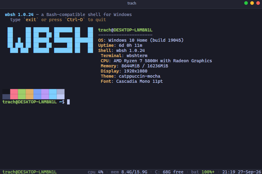 wbshterm at startup: the screenfetch panel, Catppuccin Mocha theme