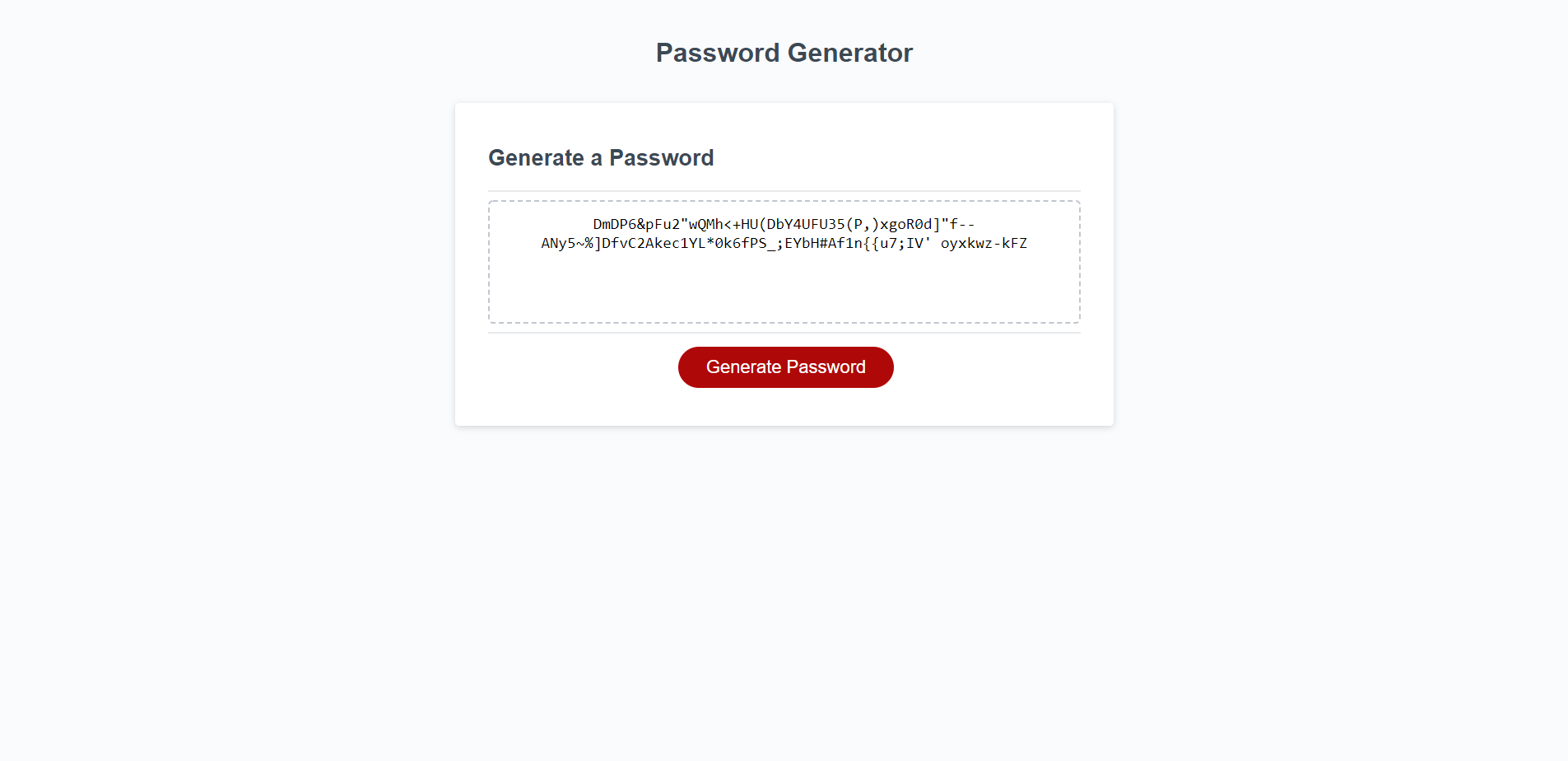 After accepting criteria, the Password Generator application will present the user with a randomized password following the selected criteria