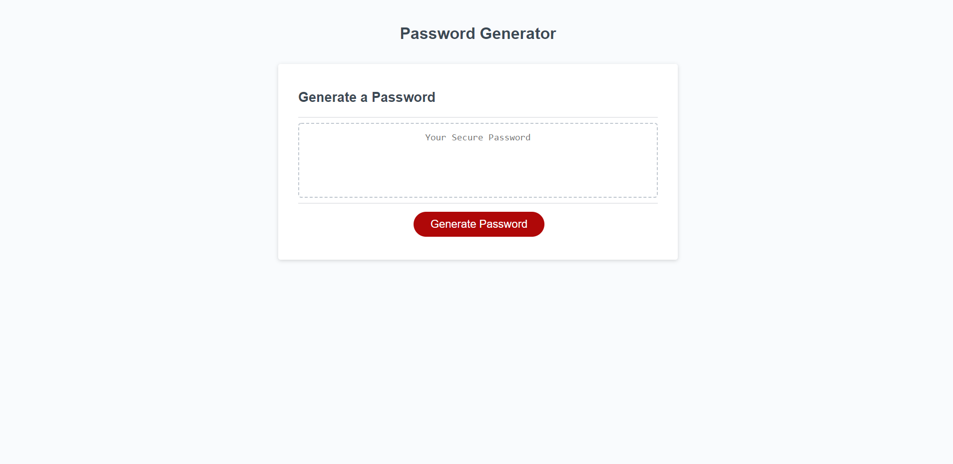 The Password Generator application displays a red button to "Generate Password".