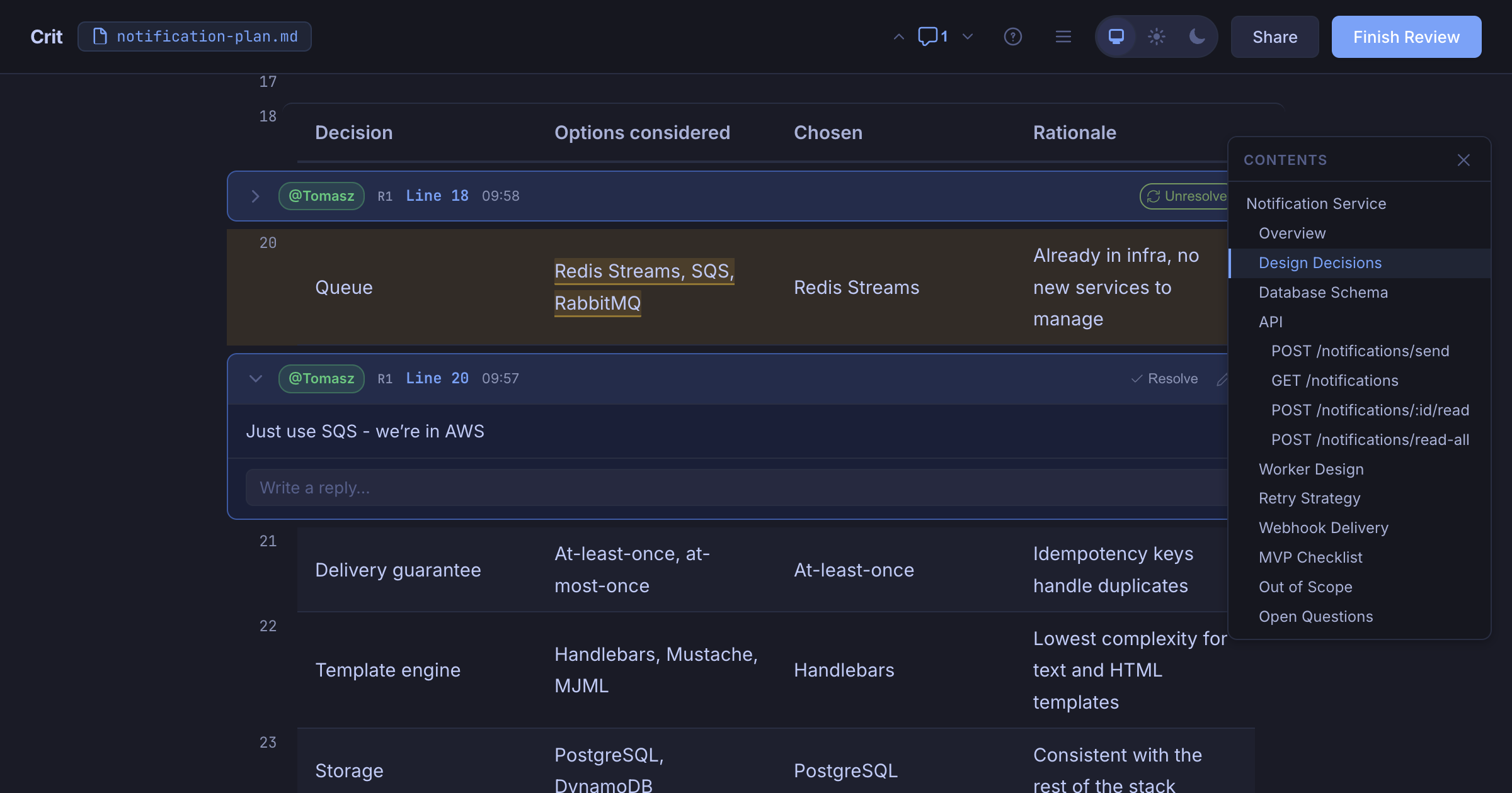 Crit UI for "notification-plan.md" showing comment left on "Queue - Redis Streams, SQS, RabbitMQ" line saying "Just use SQS - we're in AWS"